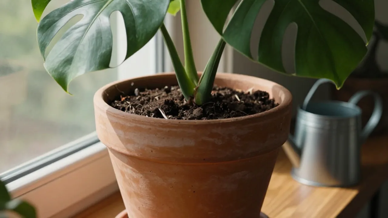 Planta de monstera deliciosa en una maceta de cerámica sobre un alféizar de madera soleado.