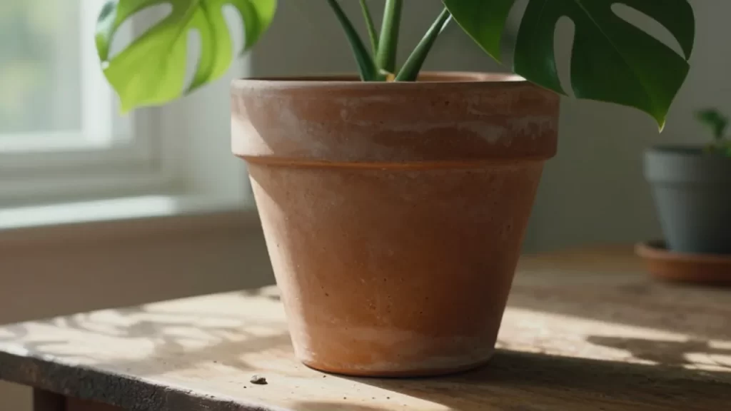 Planta de Monstera deliciosa en una maceta de terracota sobre una mesa de madera.