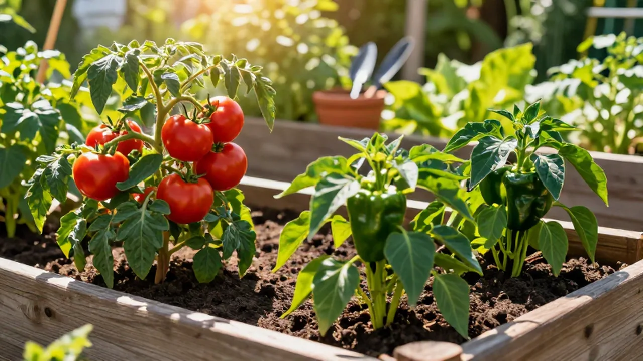 Plantas de tomate maduro y pimientos verdes crecen en camas de madera bajo un sol radiante.