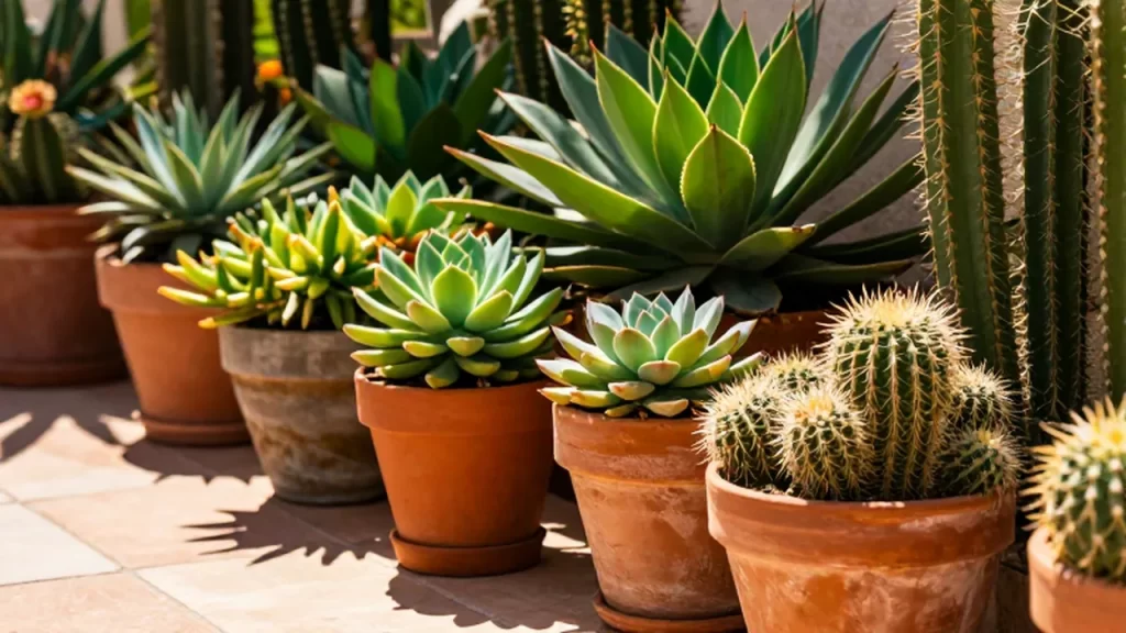 Variedad de suculentas y cactus florecientes en macetas de terracota bajo la luz del sol.