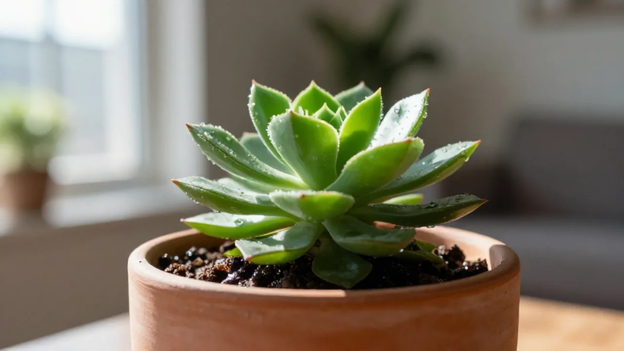 Suculenta verde con gotas de rocío en una maceta de terracota bajo la luz del sol.