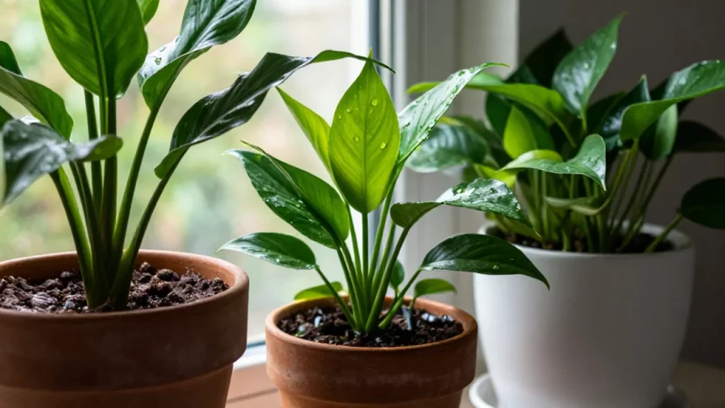 Plantas de interior como lirios de paz y potos en macetas modernas iluminadas por el sol.