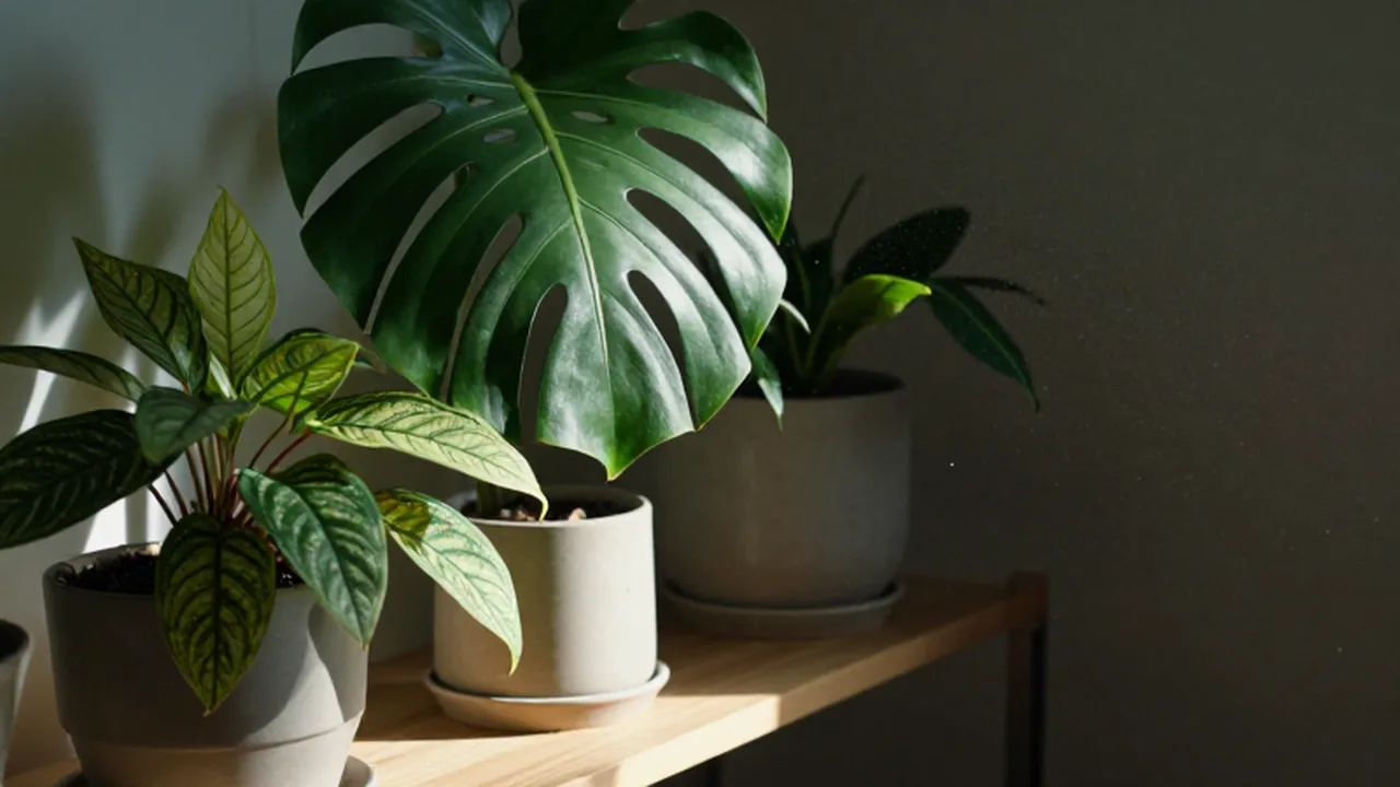 Plantas de interior, incluyendo una Monstera y una Calathea, sobre un estante de madera iluminado por luz natural.