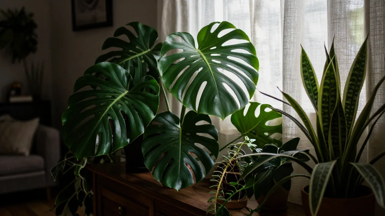 Plantas de interior Monstera y Sansevieria sobre un mueble de madera con luz suave.