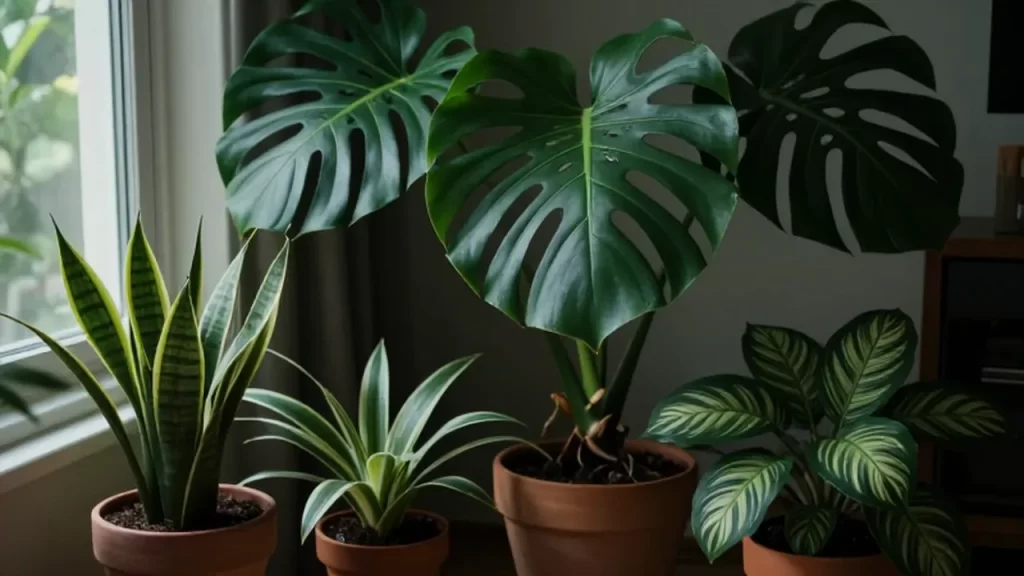 Variedad de plantas de interior como monstera y calatheas en un rincón acogedor de la sala.
