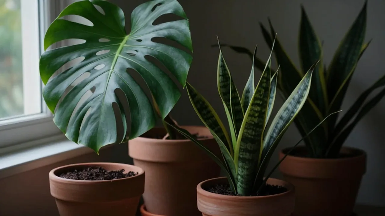 Plantas de interior Monstera y Sansevieria en macetas de terracota sobre un rincón acogedor.