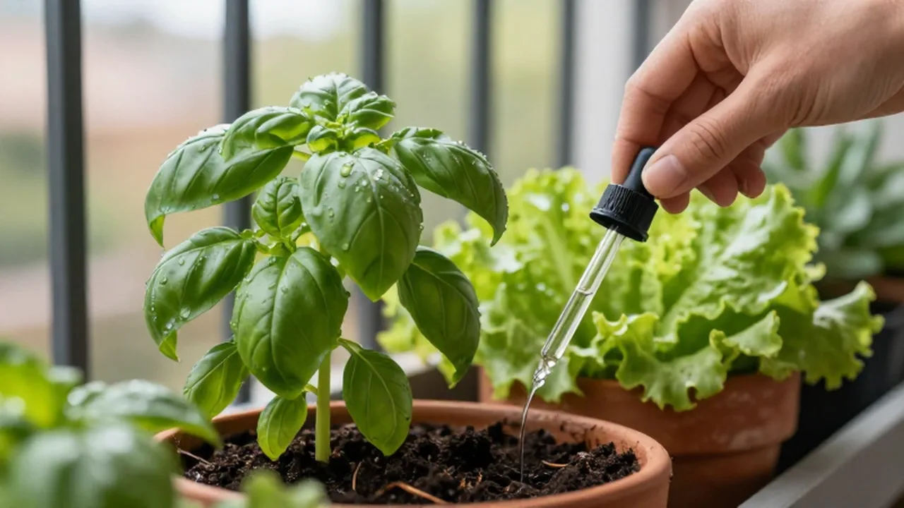 Una mano aplica fertilizante orgánico con un gotero en plantas de albahaca y lechuga.