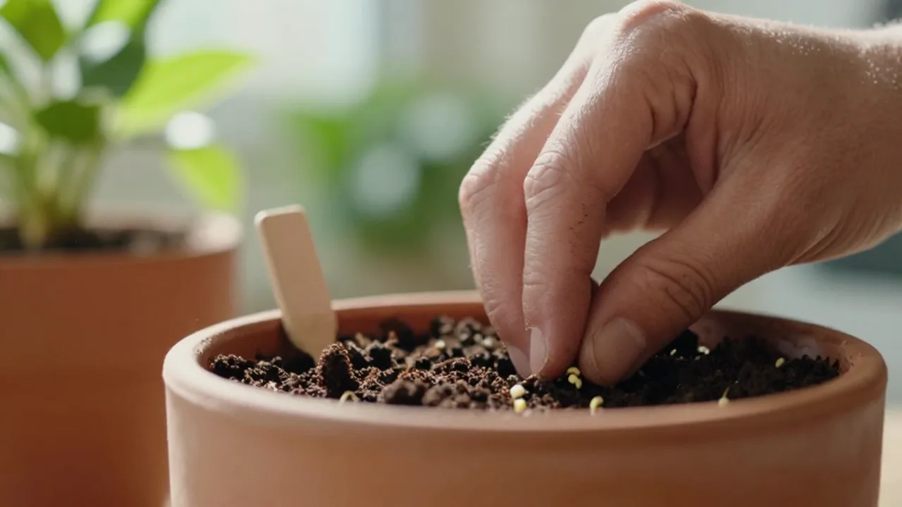 Manos de un jardinero cubriendo semillas con tierra húmeda en una maceta de terracota.
