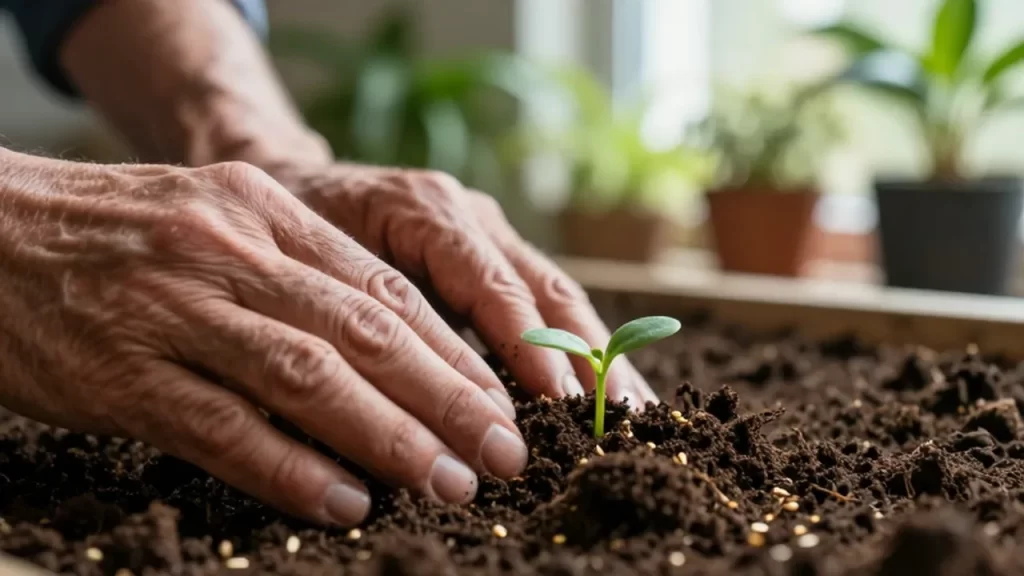 Manos de jardinero presionando la tierra orgánica alrededor de un pequeño brote verde.