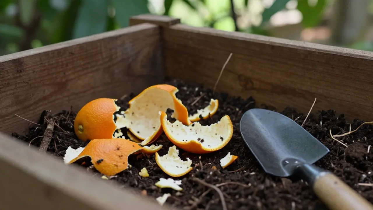Cáscaras de naranja y restos cítricos mezclados con tierra oscura dentro de un compostador de madera.