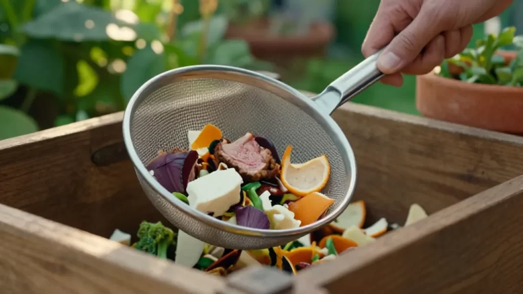 Una mano usa un colador para separar restos de vegetales en un compostador de madera.