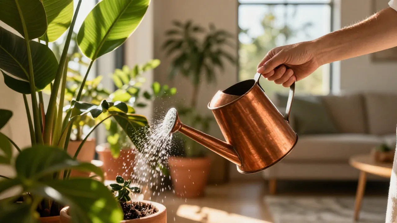 Manos regando una planta tropical con una regadera de cobre bajo la luz del sol.