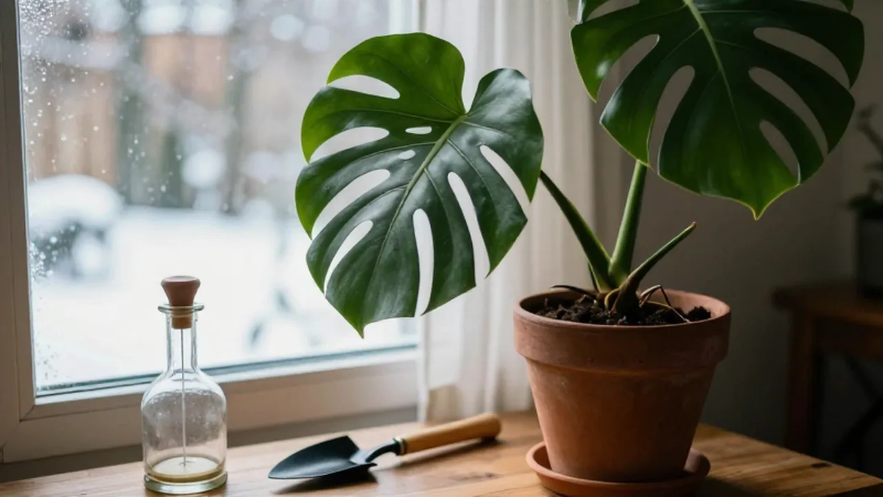 Planta Monstera deliciosa en maceta de terracota sobre una mesa de madera junto a herramientas de jardinería.