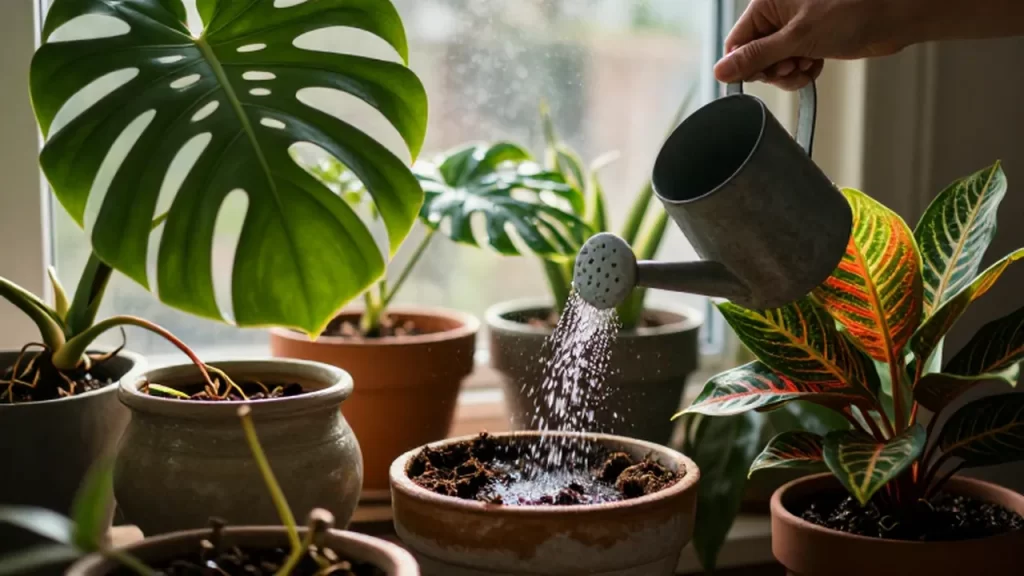 Una regadera vierte agua sobre plantas de interior verdes en macetas cerámicas bajo la luz del sol.