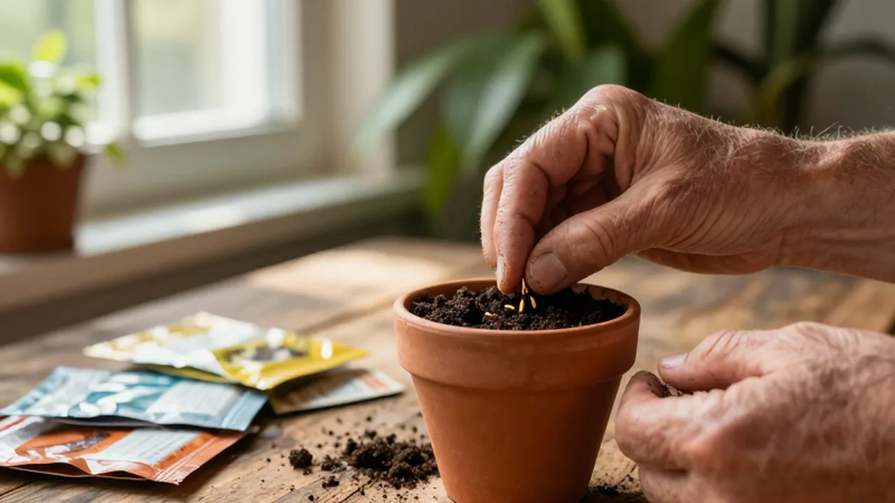 Manos de jardinero sembrando semillas pequeñas en una maceta de barro sobre una mesa de madera.
