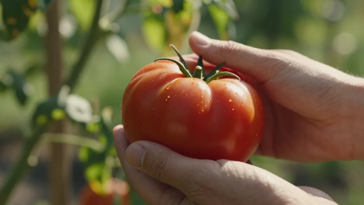 Manos tocando la firmeza de un tomate rojo maduro en un huerto soleado.