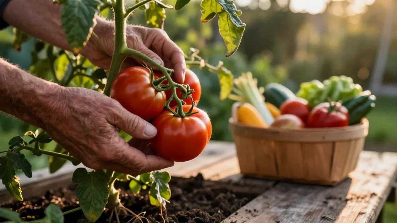 Manos trabajadoras inspeccionan tomates rojos maduros colgados de una enredadera en un jardín soleado.