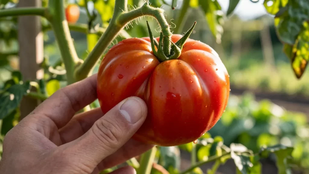 Una mano toca un tomate rojo maduro que cuelga de una enredadera en un jardín soleado.