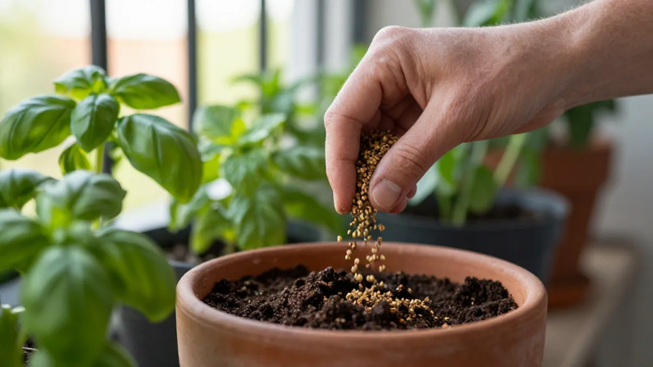 Manos esparciendo fertilizante orgánico sobre la tierra de unas plantas de albahaca y menta.