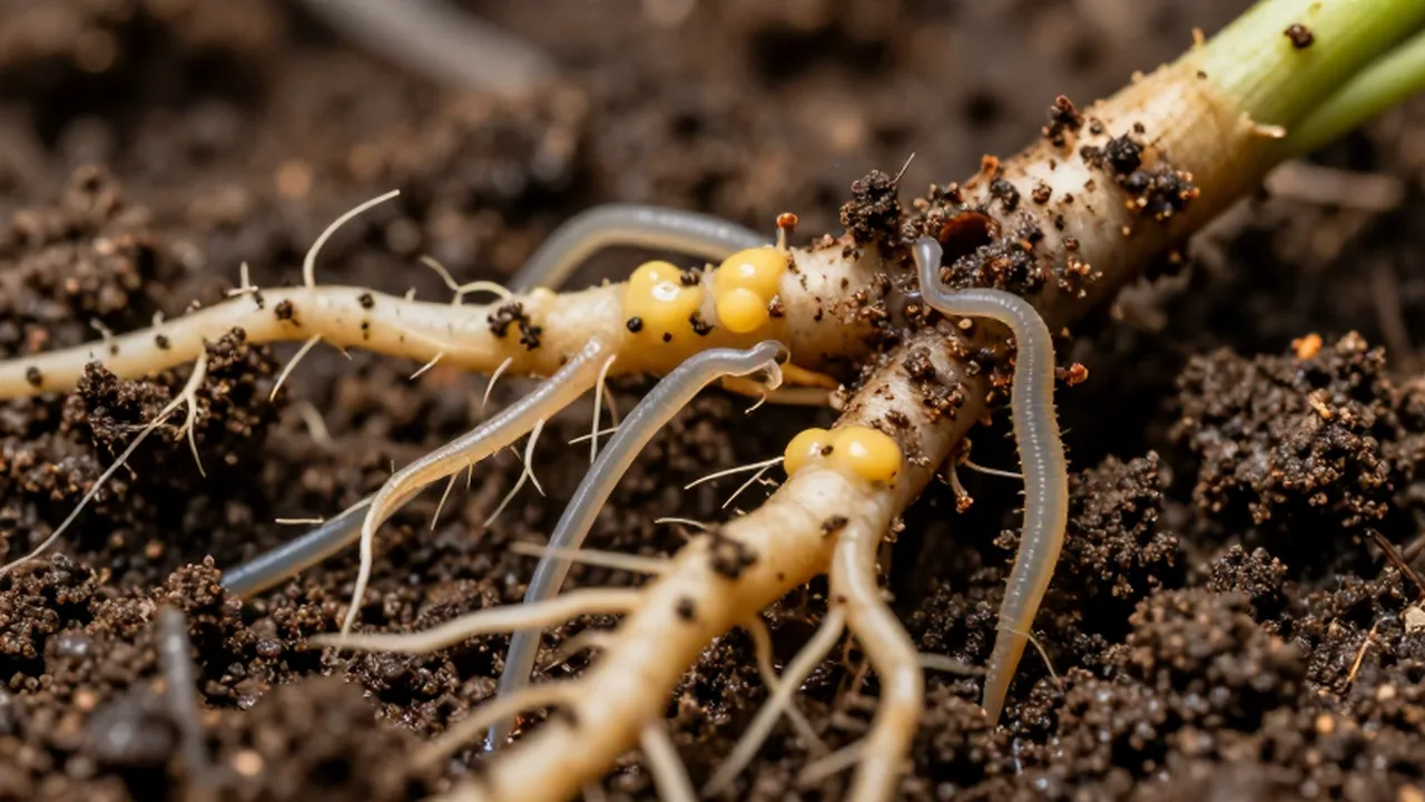 Pequeños nematodos translúcidos se desplazan entre raíces dañadas y con hinchazones en suelo húmedo.