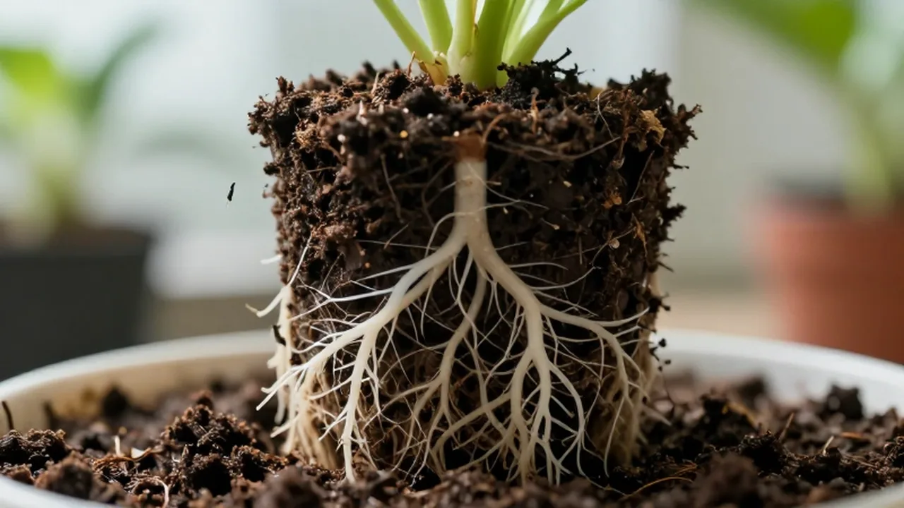 Raíces blancas y delicadas de una planta rodeadas de tierra oscura y pequeños nematodos.