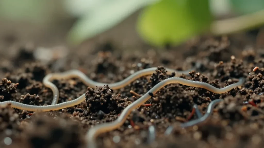 Pequeños nematodos translúcidos moviéndose entre partículas de tierra húmeda y materia orgánica.