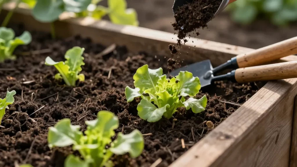 Tierra oscura cayendo sobre brotes de lechuga en un bancal de madera bajo la luz del sol.