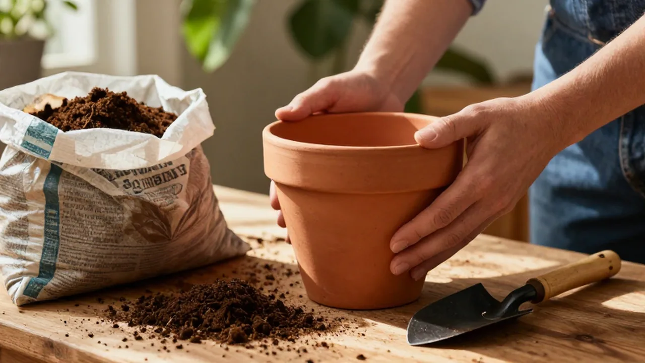 Manos midiendo una maceta de terracota sobre un banco de madera con herramientas de jardinería.