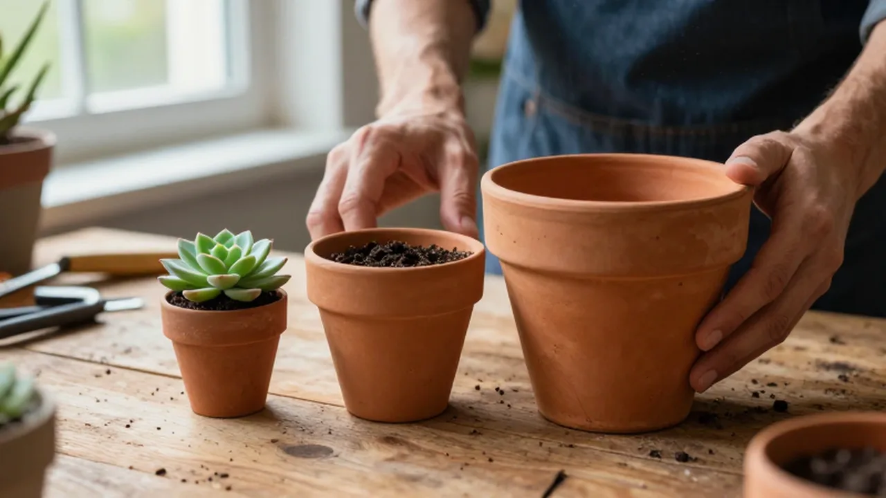 Manos de jardinero comparando una pequeña suculenta junto a una maceta de barro de gran tamaño.