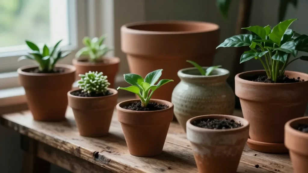 Varias macetas de terracota y plantas verdes sobre un banco de madera bajo la luz natural.