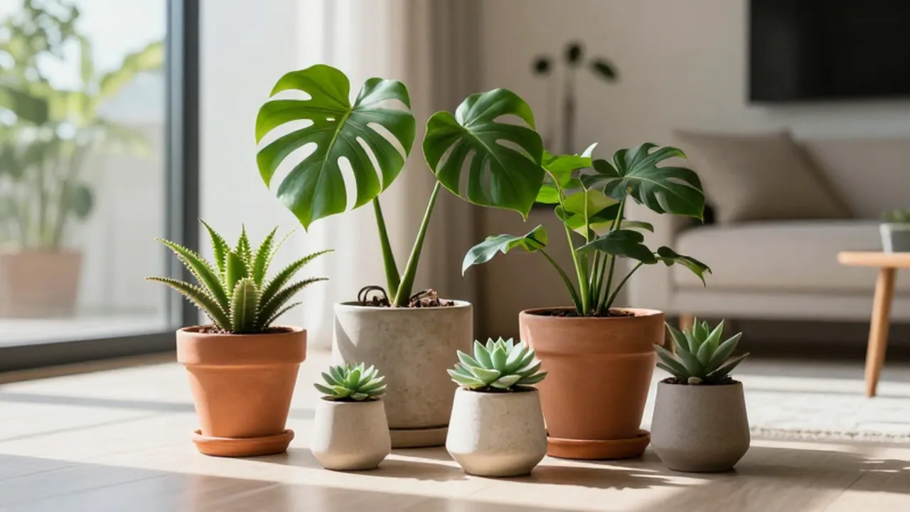 Varias plantas de interior en macetas de terracota y cerámica sobre un salón luminoso.