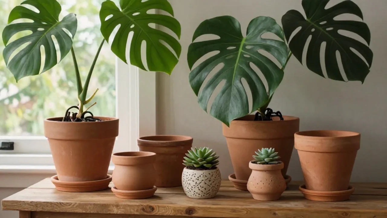 Variedad de macetas de cerámica y terracota con plantas sobre una mesa de madera.