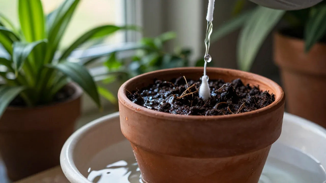Agua ascending por una mecha de algodón hacia la tierra de una planta en maceta de terracota.