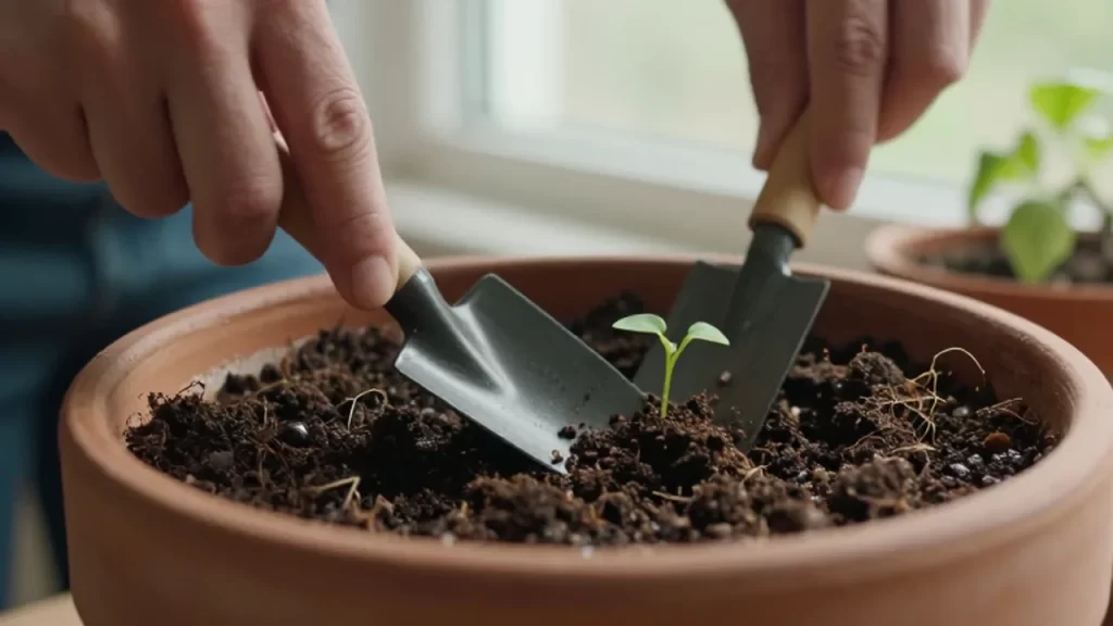 Manos de jardinero removiendo la tierra de una maceta con un pequeño trasplantador junto a un brote verde.