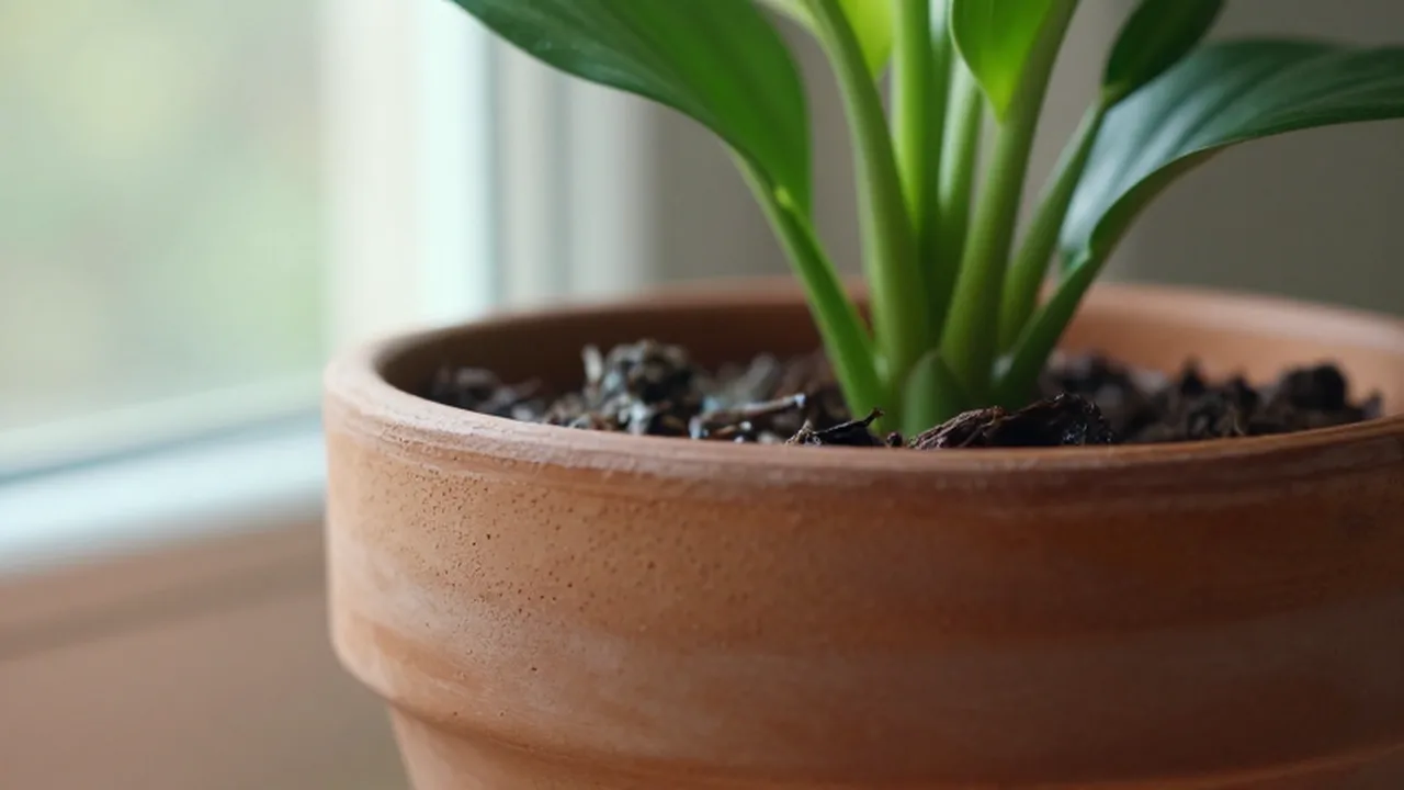 Planta verde saludable en una maceta de barro con tierra húmeda bajo la luz natural.