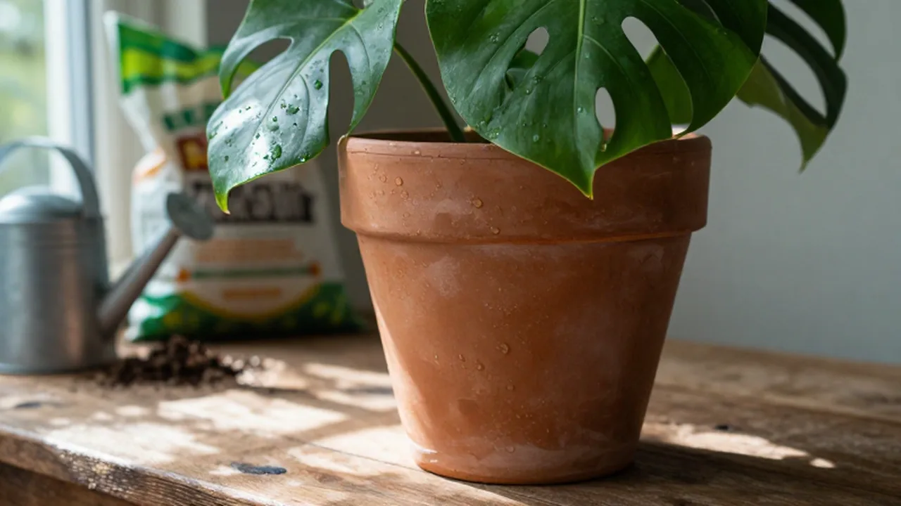 Planta de monstera en una maceta de terracota sobre una mesa de madera rústica.