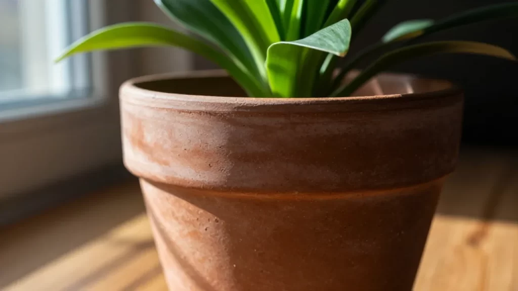 Planta de hojas verdes vibrantes creciendo en una maceta de barro sobre una mesa de madera.