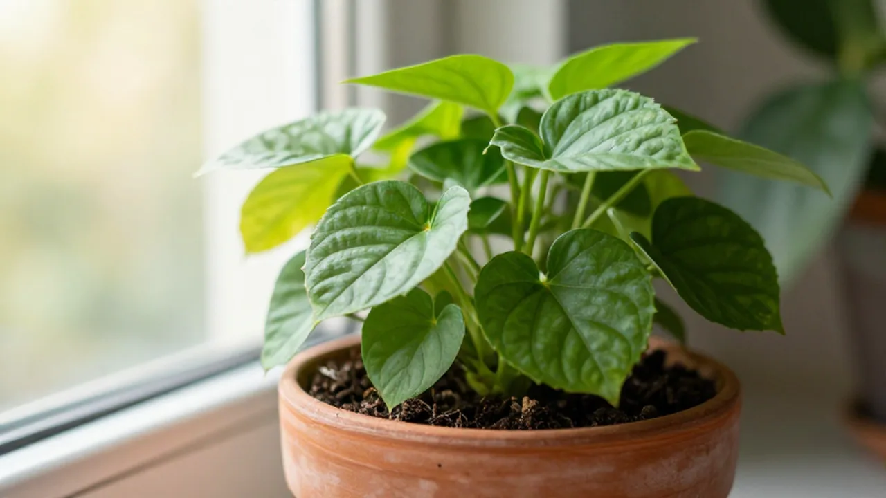 Planta de interior verde y frondosa en una maceta de terracota bañada por la luz solar.