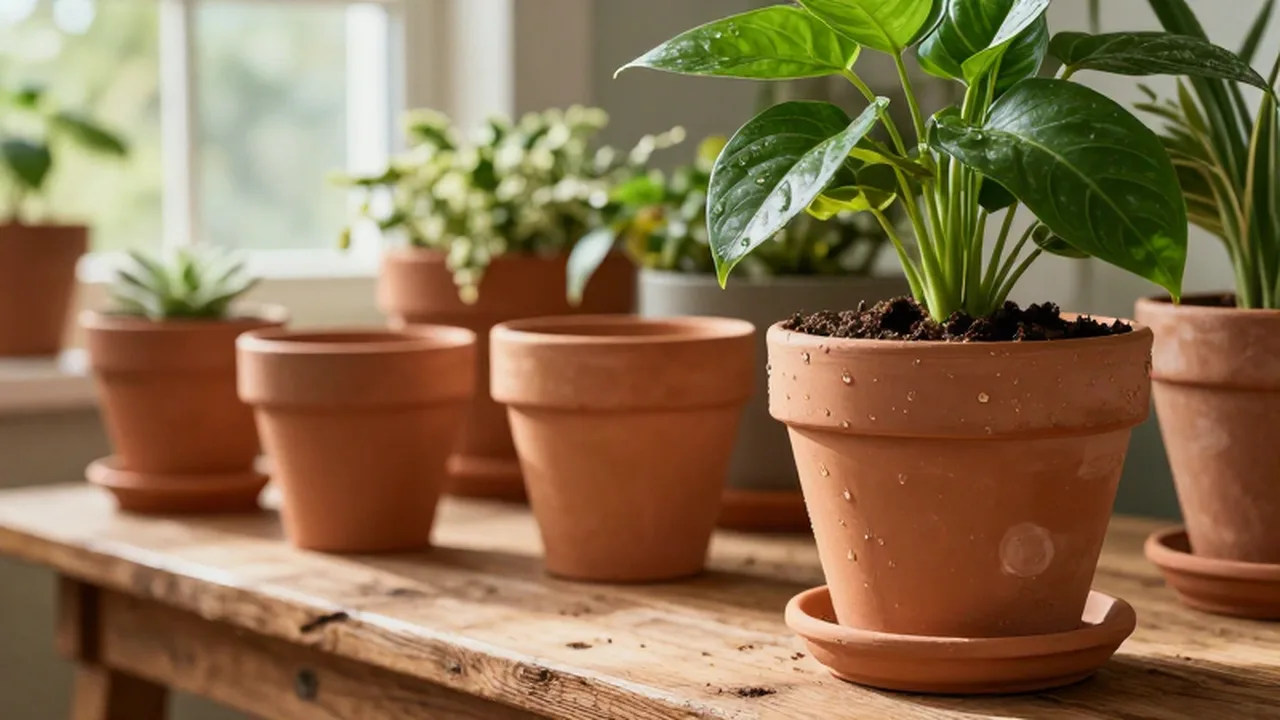 Planta verde exuberante en una maceta de cerámica sobre un banco de madera rústica.