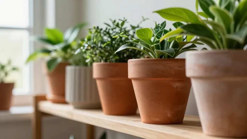 Plantas verdes exuberantes en macetas de terracota dispuestas sobre un estante de madera iluminado por el sol.