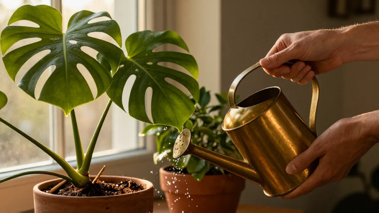 Manos regando una planta Monstera con una regadera de latón bajo la luz del atardecer.