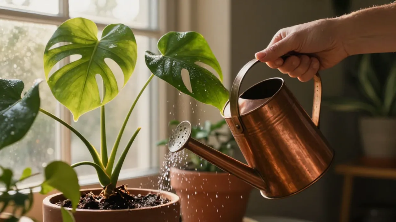 Una mano riega una planta Monstera con una regadera de cobre bajo la luz del sol.