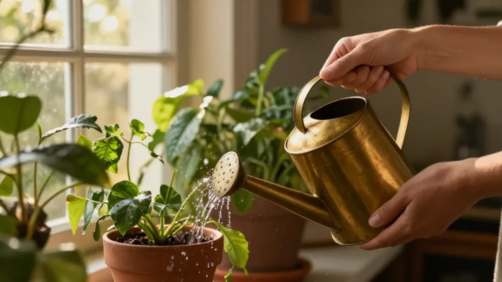 Manos regando plantas verdes en macetas de terracota con una regadera de latón bajo la luz del sol.