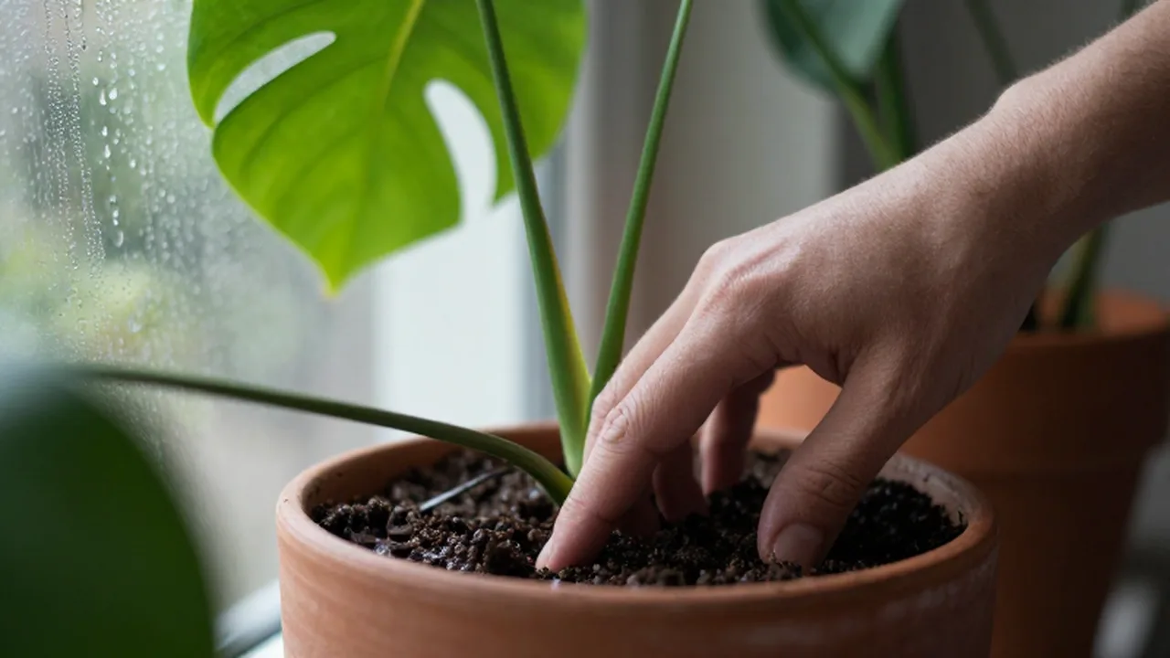 Un dedo presiona la tierra húmeda de una planta Monstera en una maceta de terracota.