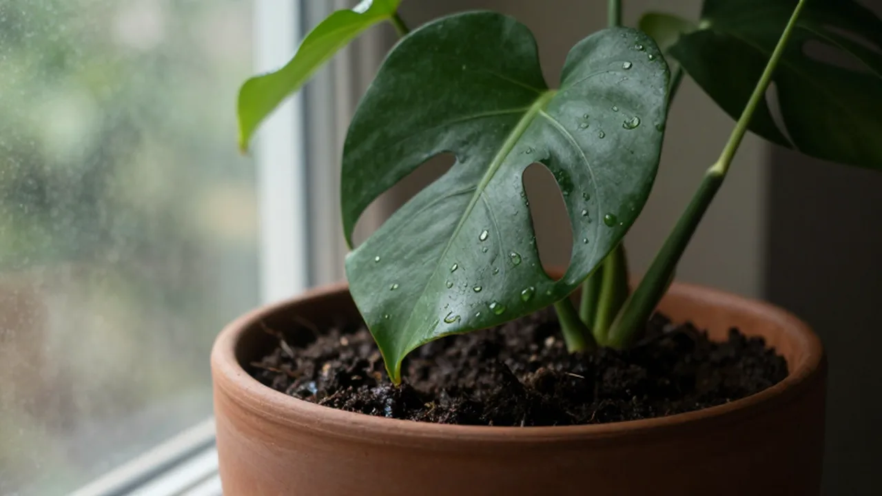 Planta de Monstera deliciosa con gotas de agua en una maceta de barro bajo luz suave.
