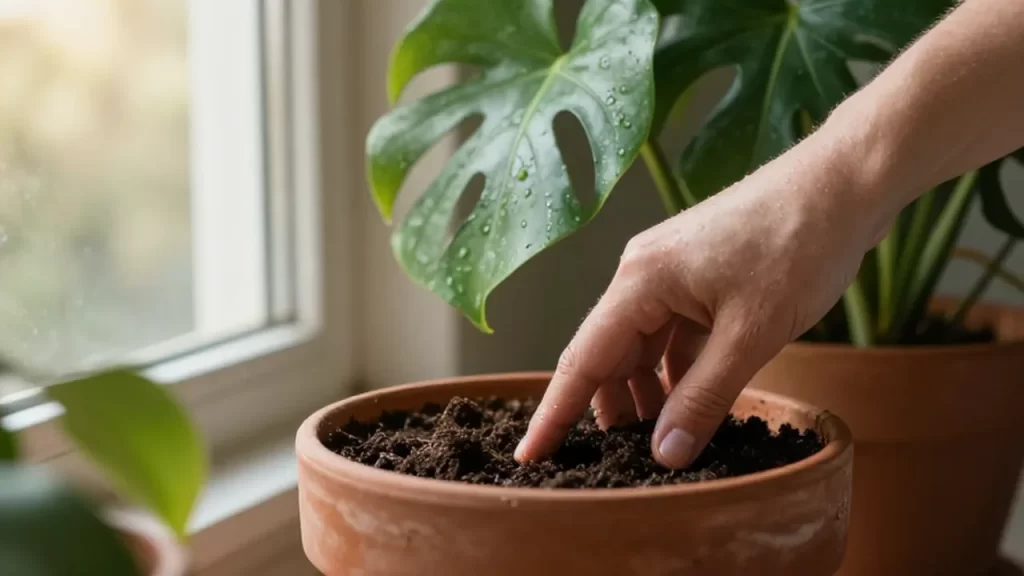 Una mano presiona suavemente la tierra húmeda de una planta monstera en una maceta de terracota.