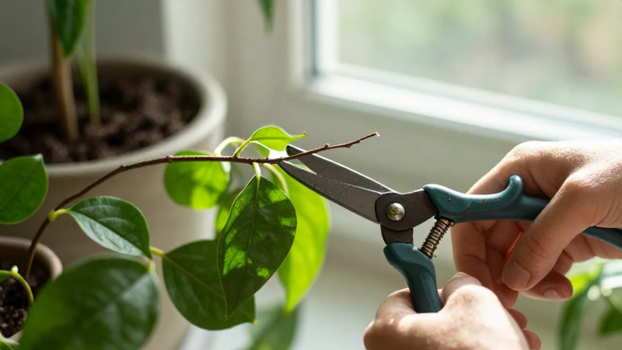 Manos recortando con tijeras profesionales las ramas de una planta verde bajo la luz del sol.