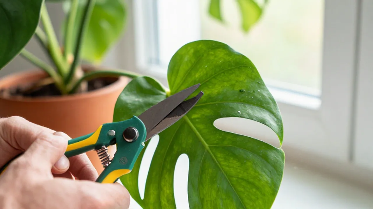 Manos de un jardinero recortando una hoja enferma de una planta Monstera con tijeras profesionales.