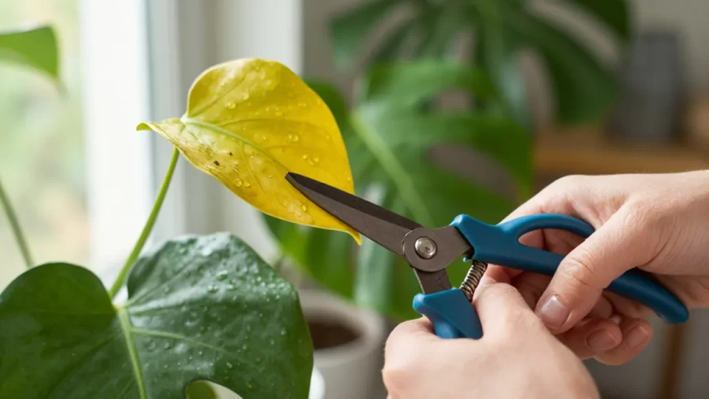 Manos cortando con tijeras una hoja amarillenta de una planta Monstera bajo la luz del sol.