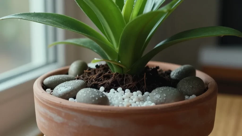 Planta verde en una maceta de terracota con guijarros sobre tierra oscura bajo la luz del sol.
